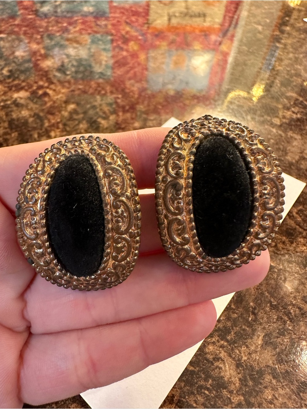 Vintage Black Velvet & Gold Tone Clip-On Earrings Victorian Style Oval Statement